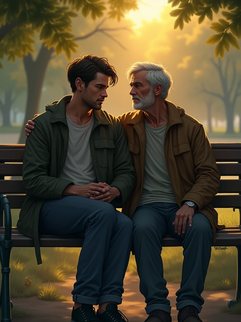 Marc, maintenant encore plus mal en point, est assis sur un banc dans un parc, avec un vieil ami à côté de lui. L'ami pose une main réconfortante sur son épaule, et ils se regardent avec compréhension et espoir. L'atmosphère est celle d'une fin de journée, avec une lumière dorée qui symbolise un début de renouveau.
