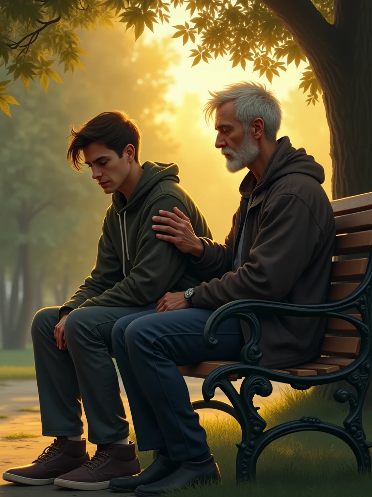 Marc, maintenant encore plus mal en point, est assis sur un banc dans un parc, avec un vieil ami à côté de lui. L'ami pose une main réconfortante sur son épaule, et ils se regardent avec compréhension et espoir. L'atmosphère est celle d'une fin de journée, avec une lumière dorée qui symbolise un début de renouveau.