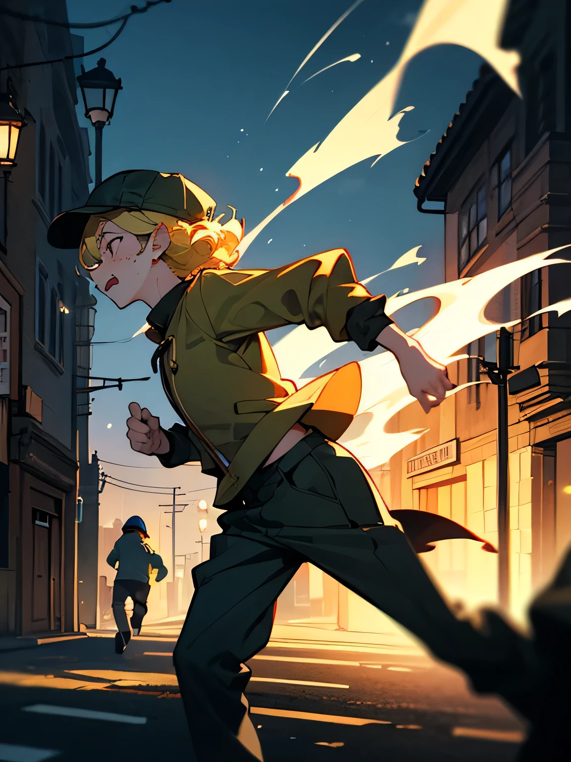 solo, (flat cap),blond short curly boyish hair, freckles, profile, running at full speed, panicked face, thief, street corner, cold sweat,Midnight、Street lamp、Mysterious atmosphere