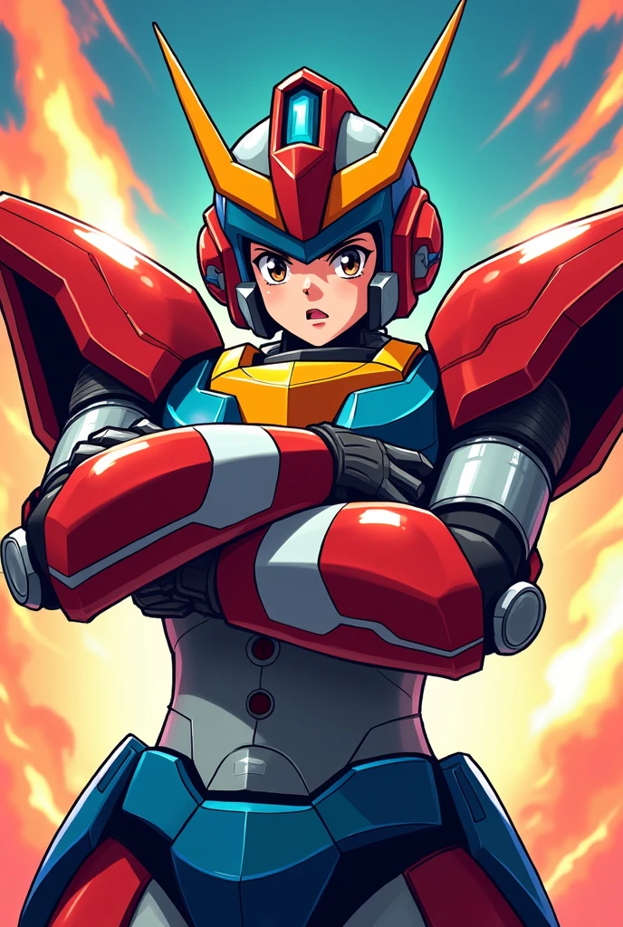 1boy, solo, super fine illustration, an extremely delicate and beautiful, best quality, masterpiece, 8K, anime style, mecha pilot, robot armor, colorful design, red blue and yellow armor, white accents, helmet with horns, determined expression, dynamic pose, action stance, arms crossed, futuristic background, energy streaks, vibrant colors, sharp contrasts, bold outlines, retro anime aesthetic, detailed mechanical parts, shiny metallic surfaces, dramatic lighting, motion blur effects, epic composition, front view, upper body focus, sci-fi elements, 90s anime inspired, high energy atmosphere, digital art style