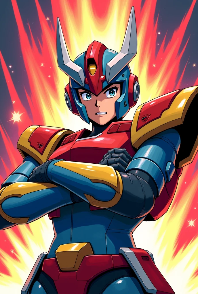1boy, solo, super fine illustration, an extremely delicate and beautiful, best quality, masterpiece, 8K, anime style, mecha pilot, robot armor, colorful design, red blue and yellow armor, white accents, helmet with horns, determined expression, dynamic pose, action stance, arms crossed, futuristic background, energy streaks, vibrant colors, sharp contrasts, bold outlines, retro anime aesthetic, detailed mechanical parts, shiny metallic surfaces, dramatic lighting, motion blur effects, epic composition, front view, upper body focus, sci-fi elements, 90s anime inspired, high energy atmosphere, digital art style