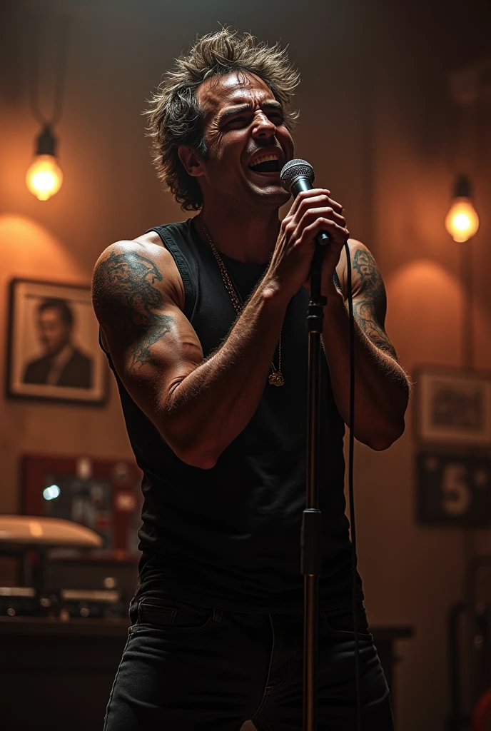 A male singer singing alone at home rock music 