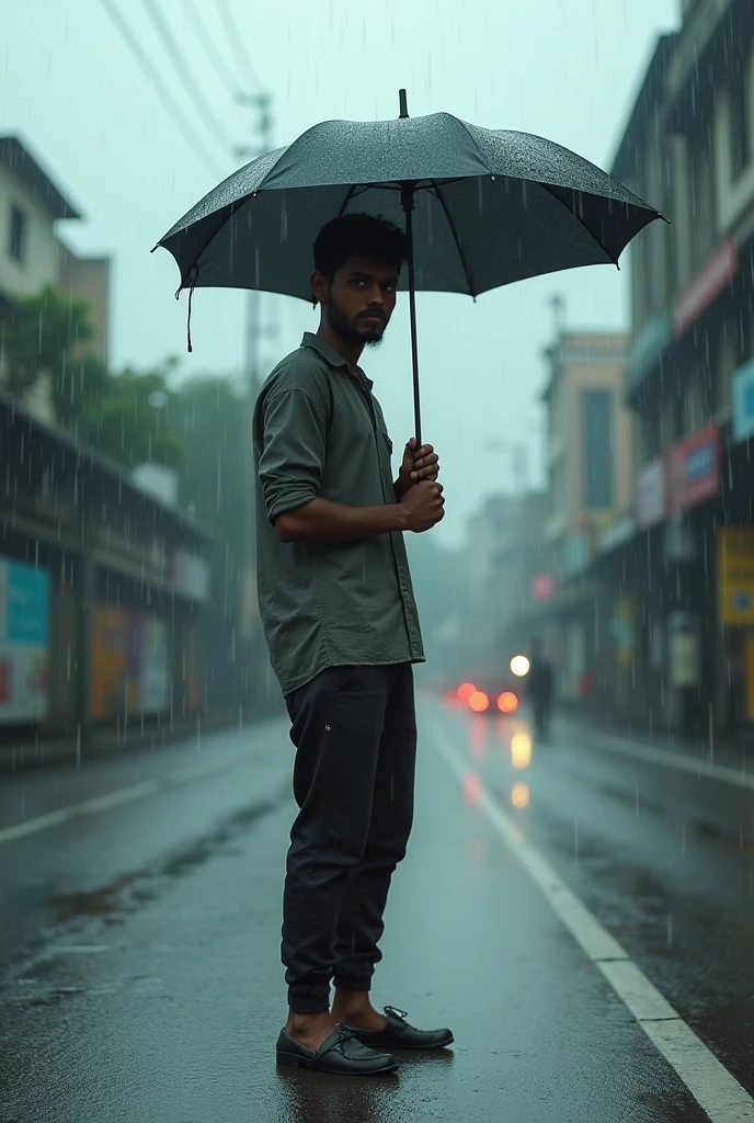 A Bangladeshi 30 year old boy is standing in the middle of a road with an umbrella in his hand and it is raining in the afternoon