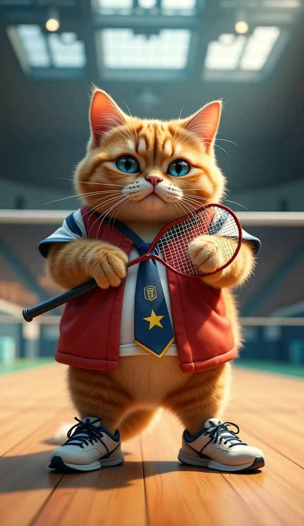 Make a picture of a fat orange cat with blue eyes, flat nose, facing the camera, wear badminton shirt and tie, sport shoes, is carrying a badminton racket with the background of a closed badminton court, wide, full body, 8k super realistic