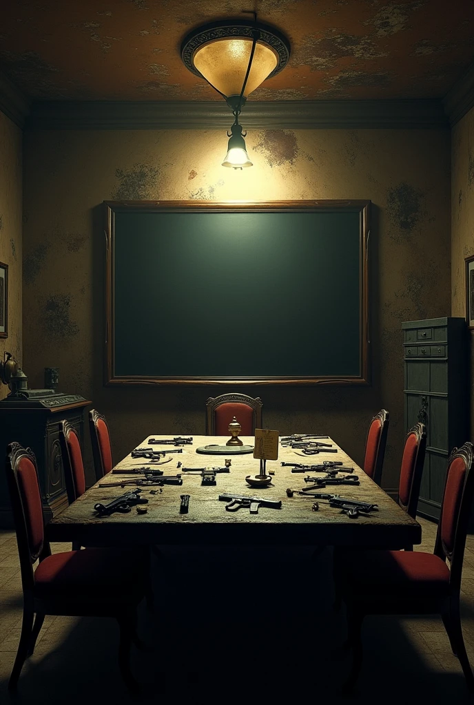 A old mafia room (no persons) with weapons which used for planning some big deals with a clean black board (not green board ) , a table and old ceiling light 