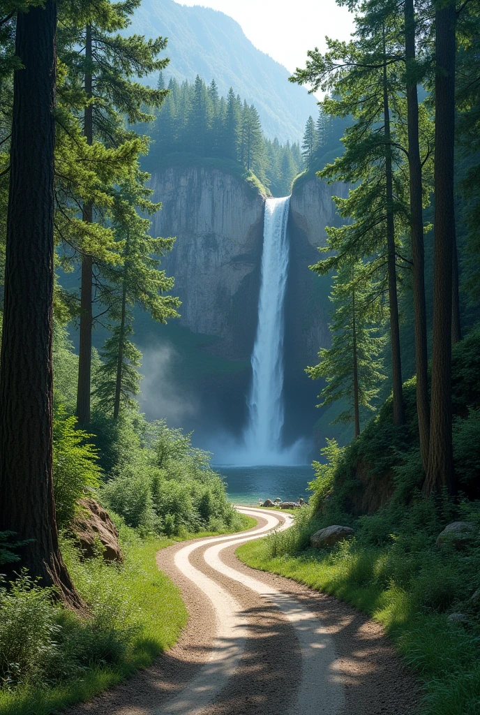 Nature photo with green trees with water fall and road real life image