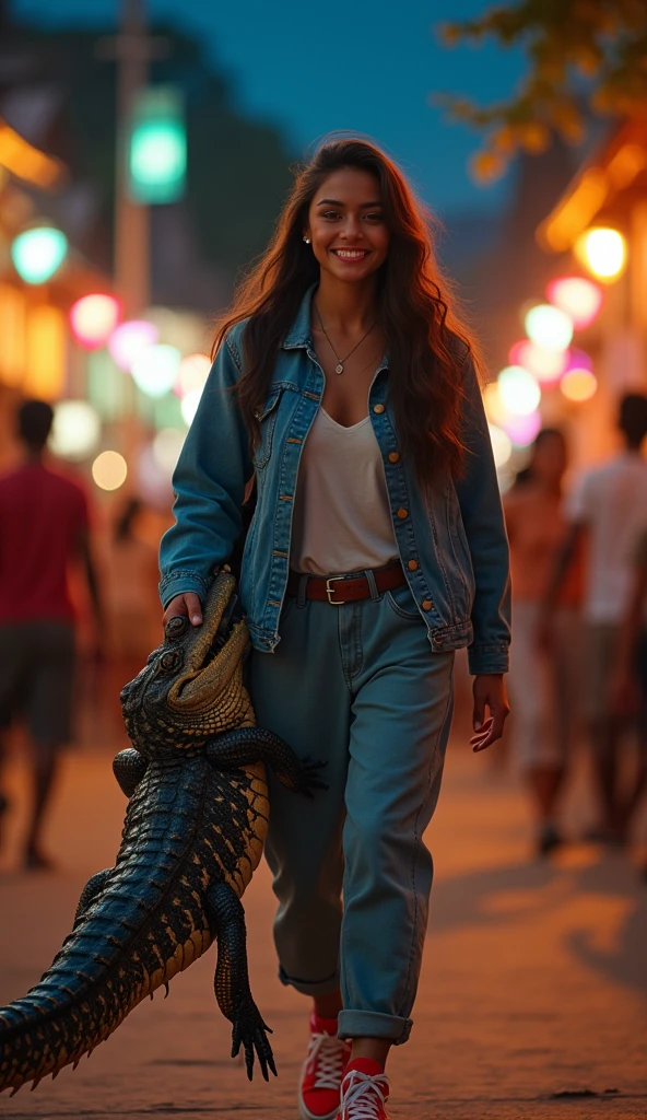 beautiful Indonesian woman, fair skin, big nose, long wavy hair, wearing a denim jacket, long pants, wearing red sneakers, bright smiling face, walking while carrying a giant crocodile on his side, at night there are many lights, epicrealism, aesthetic, on the village road, so many people, minimal defects, very detail, realistic, 8K picture