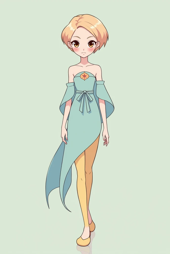 Pearl is a tall, slender, and graceful gem with an air of elegance and precision. She has pale, porcelain-like skin that complements her short, pixie-cut hair, which is a soft pastel peach color. Pearl’s hair is neatly styled, reflecting her organized and perfectionist personality.

Her eyes are large and almond-shaped, with a soft sky-blue color that often conveys concern or thoughtfulness. Pearl’s features are sharp and refined, with high cheekbones and a slender neck, giving her a regal and dignified appearance. Her expression is often one of concentration or care, reflecting her role as the team’s strategist and caretaker.

Pearl’s outfit is reminiscent of a ballerina’s attire, highlighting her graceful and delicate nature. She typically wears a pale blue tunic with a ribbon tied around her waist, along with a star-shaped emblem on her chest. Her leggings are a soft pastel yellow, and she wears ballet flats that further emphasize her elegance. Pearl’s posture is always straight and poised, reflecting her disciplined and meticulous character.