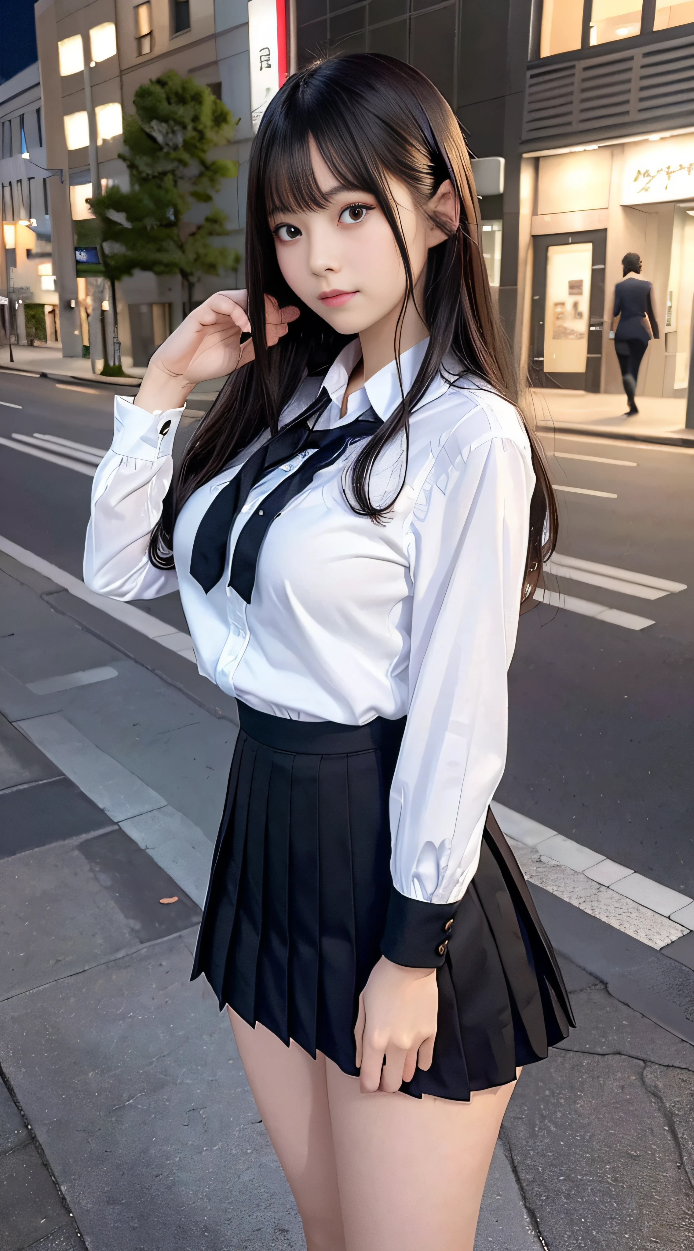 Tabletop, Highest quality, Realistic, RAW Photos, Digital SLR, Beautiful Japanese girl, Glowing White Skin, Realistic beautiful makeup face, Realistic and beautiful bright eyes, double eyelid, View the viewer, (Highly detailed shiny long black hair and bangs), (Tousled hair in strong winds), Slim figure, Slim face, Narrow waist, Big Breasts, Thin thighs, ((school uniform, Pleated skirt, Strong winds blowing through the streets, at night)), Realistic lighting and shadows, This is a very delicate and beautiful photo., Ultra-high resolution, 8k UHD wallpaper,