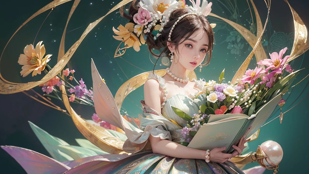 32K, 最高quality, 最高masterpiece, (ultra-Detailed Background, Detailed Background), High resolution, Super detailed, Very detailedな, 1 personの, (bouquet:1.3), (Tangled:1.2), (Geometric:1.2),(colorful),(masterpiece, quality, best quality, Official Art, Beautiful and beautiful:1.2), (1 person:1.3), Very detailed,(colorful:1.1)(Flowers:1.3),Most detailed,(Tangled:1.2), whole body, (Abstract background:1.3), (Skin glows), (Many colors:1.4), ,(Earrings Pearl:1.5), Light green background, It's imaginative., Brunette Hair, Updo, Holding a book, Holding a pen, Satin shirt,
