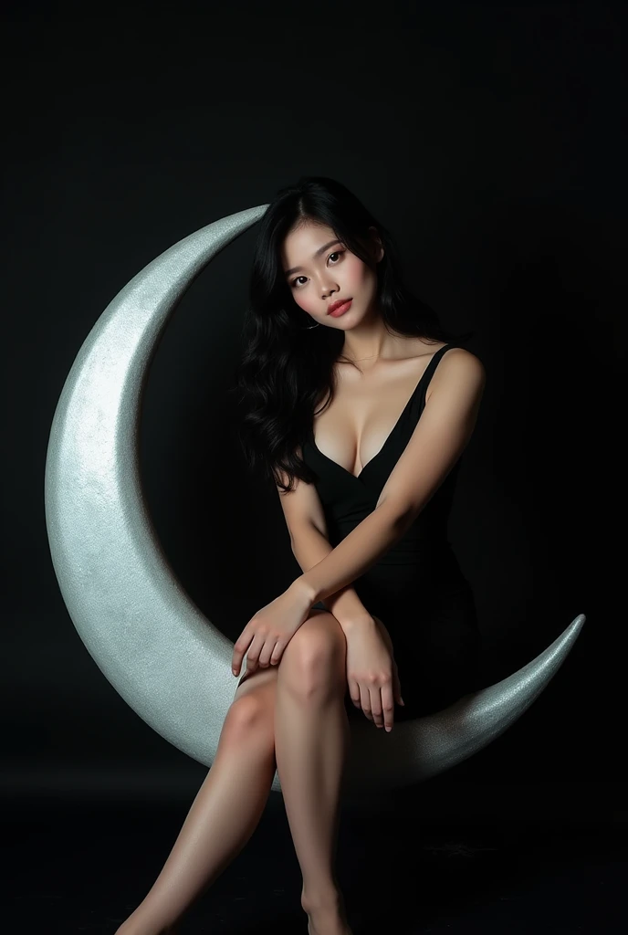 (solo, full body photo:1.3),Asian woman with black wavy hair and curvy body, wearing black dress, black foot wear, sitting on shining crescent moon, plain black background