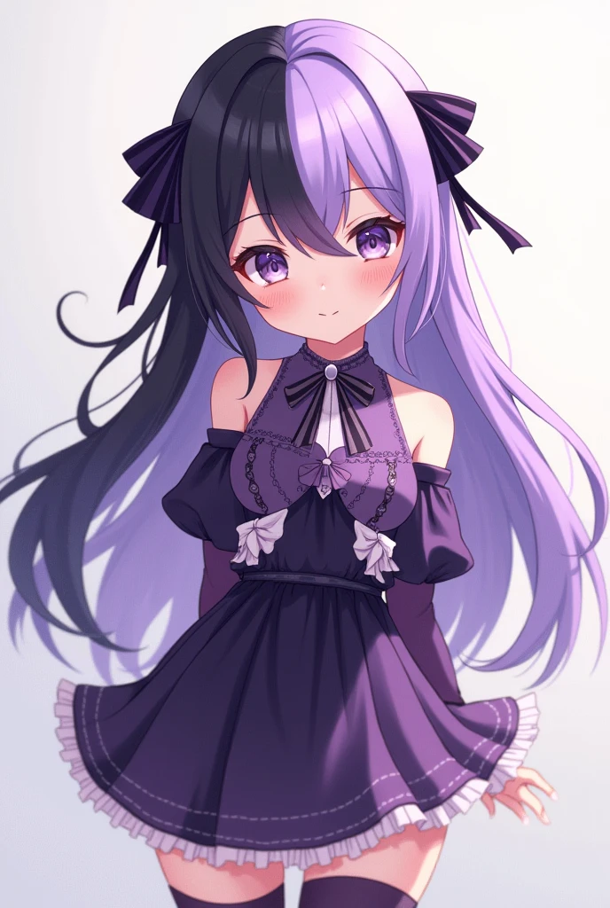 Anime girl with long purple hair, half head and half black hair wearing a cute purple and black outfit.
