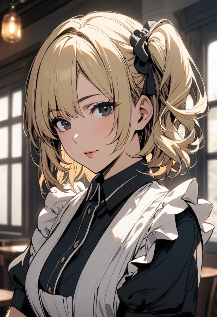 Solo, 1girl, medium hair,  blond hair, black eyes, mature, side ponytail, maid, beautiful color
