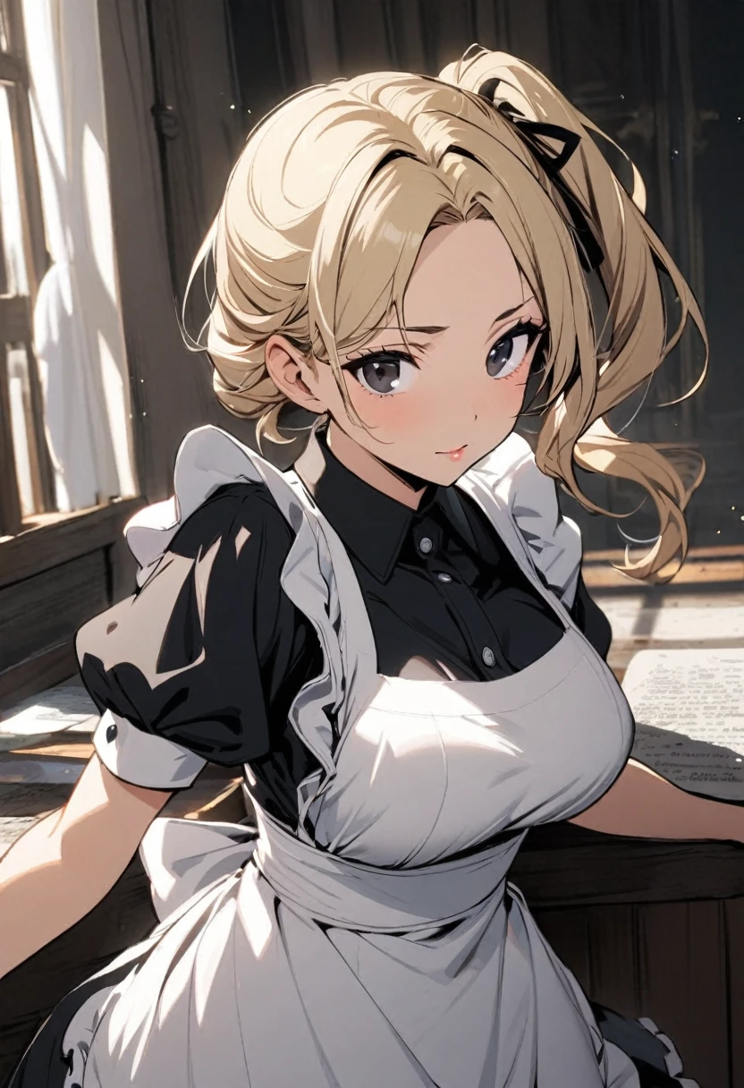 Solo, 1girl, medium hair,  blond hair, black eyes, mature, side ponytail, maid, beautiful color