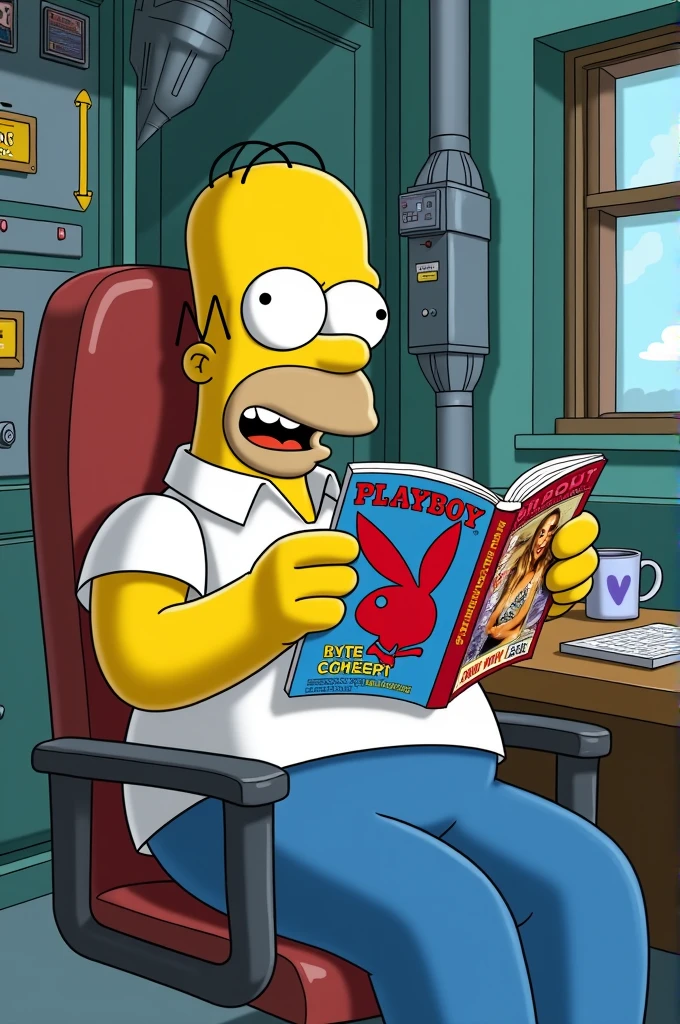 Homer Simpsons reading a playboy magazine, while working at the Plant