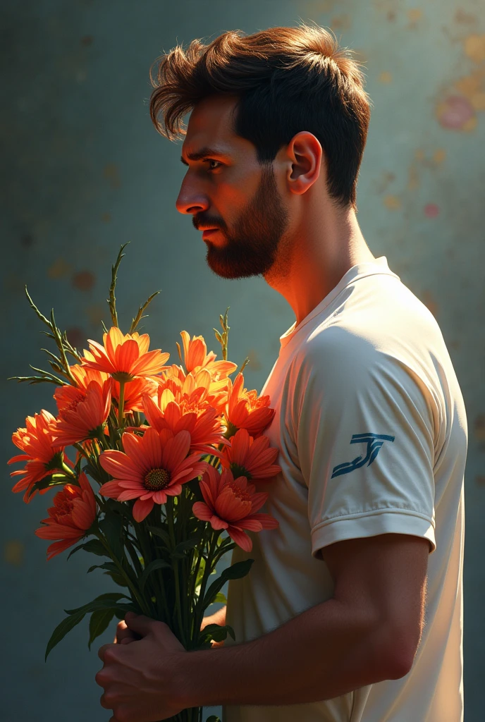Messi with some flowers in his hand.