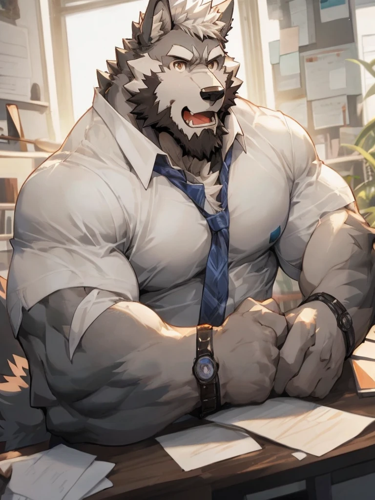 (2d cel anime:1.5),half body shot,looking at viewer, (best quality:1.3), (masterpiece:1.3), (ultra detailed:1.5),(detailed eyes),sharp focus,japanese anime,manga,(droopy eyes),(anthro male:1.3),(wolf:1.2),smile,open mouth,huge muscular,(beefy:1.2),(big fellow),tall,(wide shoulder width),((cool T-shirt)),large thigh,(by null-ghost:0.9),by lindong