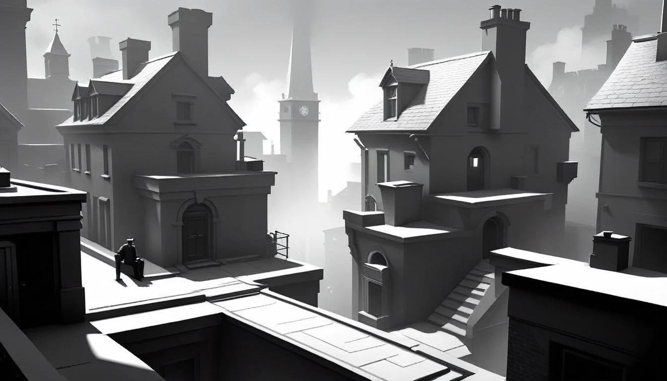 WhiteboxStyle Swiss Bank Security Maze: Biometric scanners, silent alarms, gold vaults, encrypted computers, spy gadgets. monochrome, ambient occlusion, WhiteboxStyle, Victorian London Rooftops: Chimney jumps, foggy alleys, cobbled pathways, detective chases, hidden attic rooms., (Masterpiece:1.3) (best quality:1.2) (high quality:1.1)