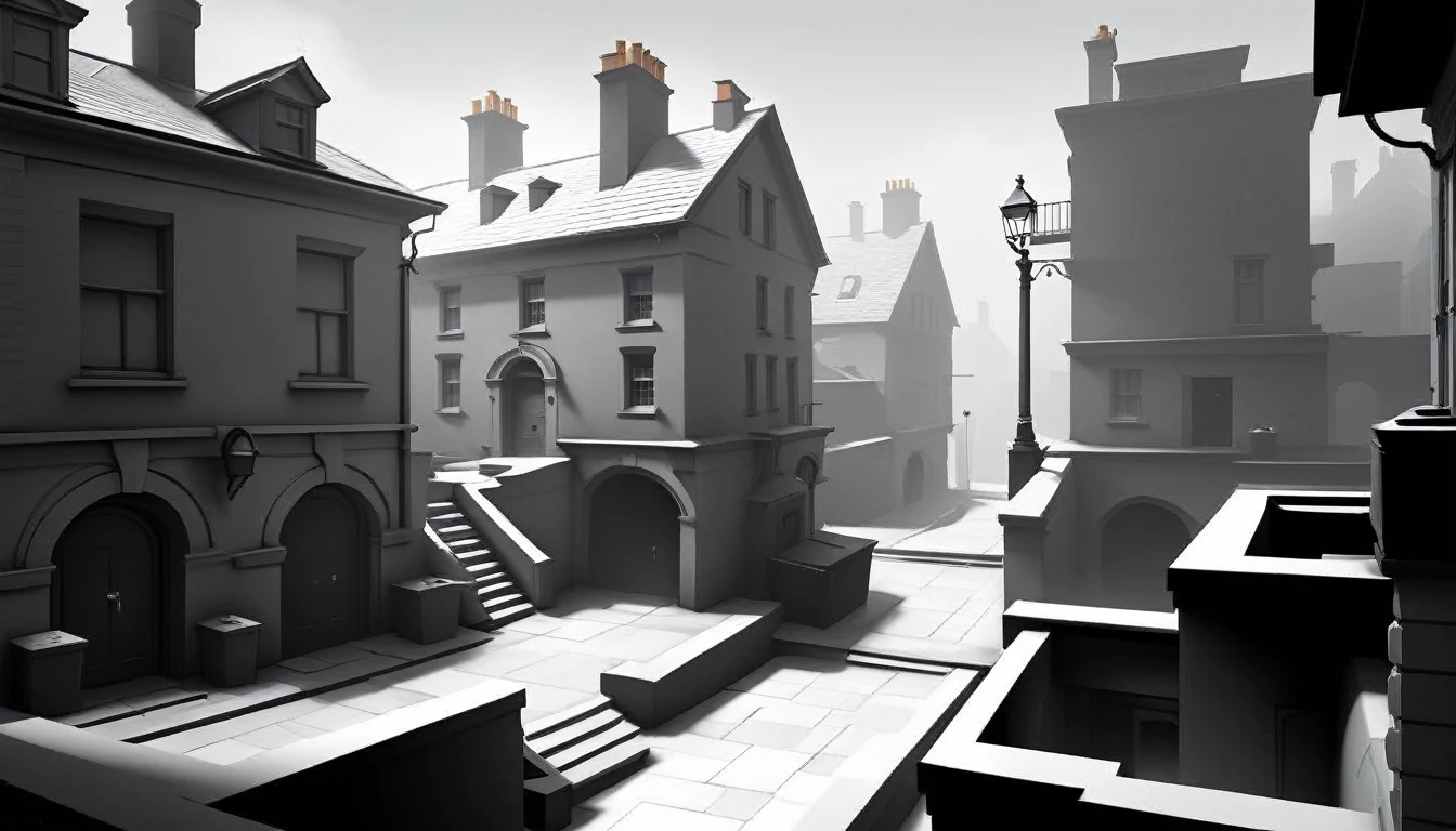 WhiteboxStyle Swiss Bank Security Maze: Biometric scanners, silent alarms, gold vaults, encrypted computers, spy gadgets. monochrome, ambient occlusion, WhiteboxStyle, Victorian London Rooftops: Chimney jumps, foggy alleys, cobbled pathways, detective chases, hidden attic rooms., (Masterpiece:1.3) (best quality:1.2) (high quality:1.1)