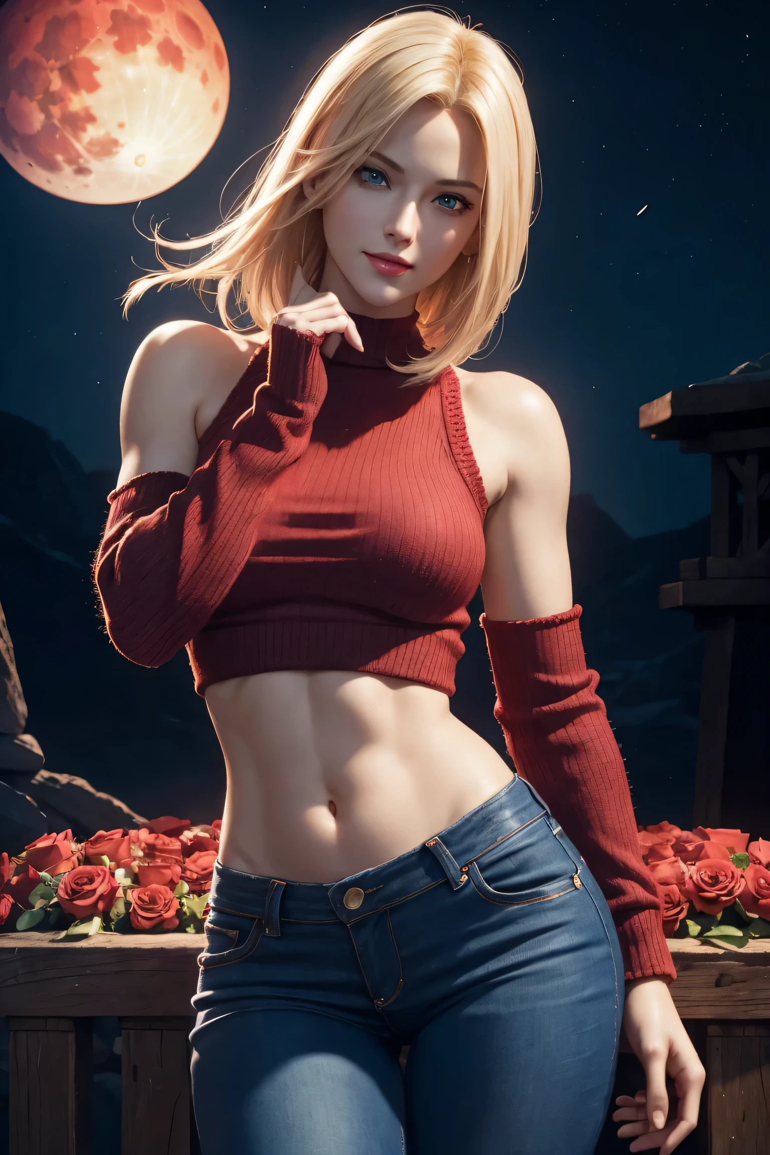 KOF,King of Fighters,Blue Mary,Blue Eyes,Blonde Hair,Medium Hair,Beautiful white skin,Photorealistic,Ultra HD,high quality,masterpiece,Digital SLR,Detailed details,Intricate details,Anatomical basis,Depicted in detail,A detailed face,Realistic skin texture,Vivid details,Perfect Anatomy,Perfect Anatomy,Anatomically correct hand,Anatomically correct fingers,Super Detail,Complex 3D rendering,Sexy pose,Red knitted tops,No sleeve,jeans,Fantasy worldview,Beautiful red sea,Beautiful Red Moon,Beautiful night sky,Petals of roses dance,Picturesque,Pink Lips,smile,
