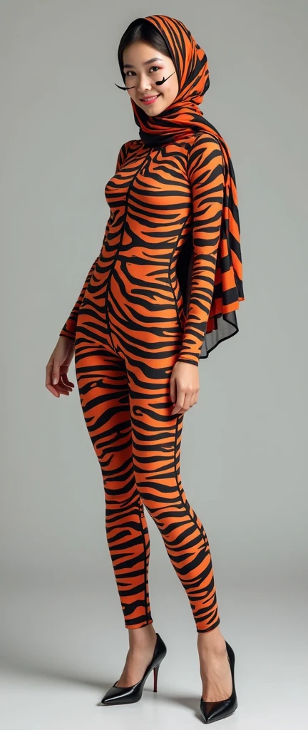 The beautiful and slender thin asian muslumah adult girl with beautiful cheeks wears zebra print lycra turtleneck unitard catsuit covered with stripes and zebra print lycra elastane stretchy dancewear 100% stretchy hijab covered with stripes.She is happy.She always put strong black marker pen a pair of long cat whiskers and nose makeup!