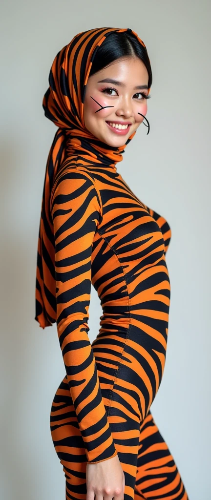 The beautiful and slender thin asian muslumah adult girl with beautiful cheeks wears zebra print lycra turtleneck unitard catsuit covered with stripes and zebra print lycra elastane stretchy dancewear 100% stretchy hijab covered with stripes.She is happy.She always put strong black marker pen a pair of long cat whiskers and nose makeup!