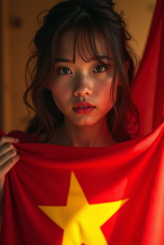 beautiful girl with red flag with yellow star