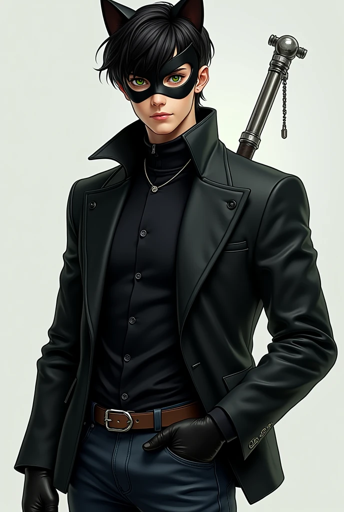 A handsome boy known as catnoir wearing a black jacket and jeans he is havig a tale and his half face is cover by a black 🎭 his eyes are green he has a silver stick puting in his backside of belt