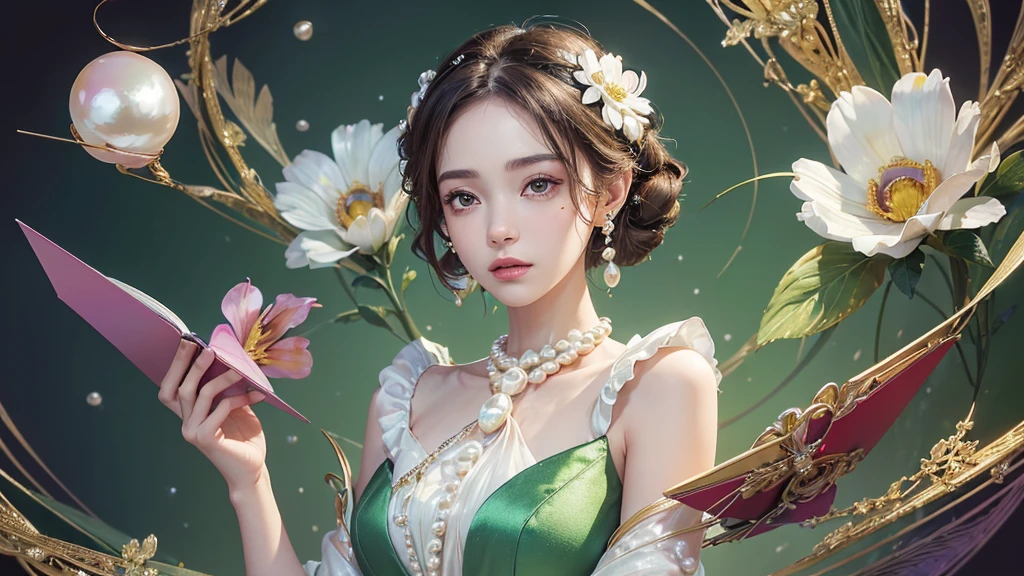 32K, 最高quality, 最高masterpiece, (ultra-Detailed Background, Detailed Background), High resolution, Super detailed, Very detailedな, 1 personの, (bouquet:1.3), (Tangled:1.2), (Geometric:1.2),(colorful),(masterpiece, quality, best quality, Official Art, Beautiful and beautiful:1.2), (1 person:1.3), Very detailed,(colorful:1.1)(Flowers:1.3),Most detailed,(Tangled:1.2), whole body, (Abstract background:1.3), (Skin glows), (Many colors:1.4), ,(Earrings Pearl:1.5), Light green background, It's imaginative., Brunette Hair, Updo, Holding a book, Holding a pen, Satin shirt,
