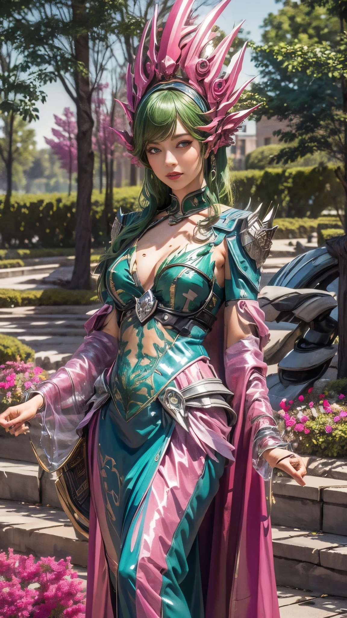(best quality,4k,8k,highres,masterpiece:1.2),ultra-detailed, beautiful seductive Dryad in a suburban backyard garden, AubreyPlaza, tree woman, plant woman, plant flesh, green dryad, green skin, hair made of pink flowers, glowing green eyes, sensual smile, seductive pose, erotic pose, seethru, HDR, 8k, absurdres, cinestill 800, sharp focus, add_detail:2, (solo, woman)