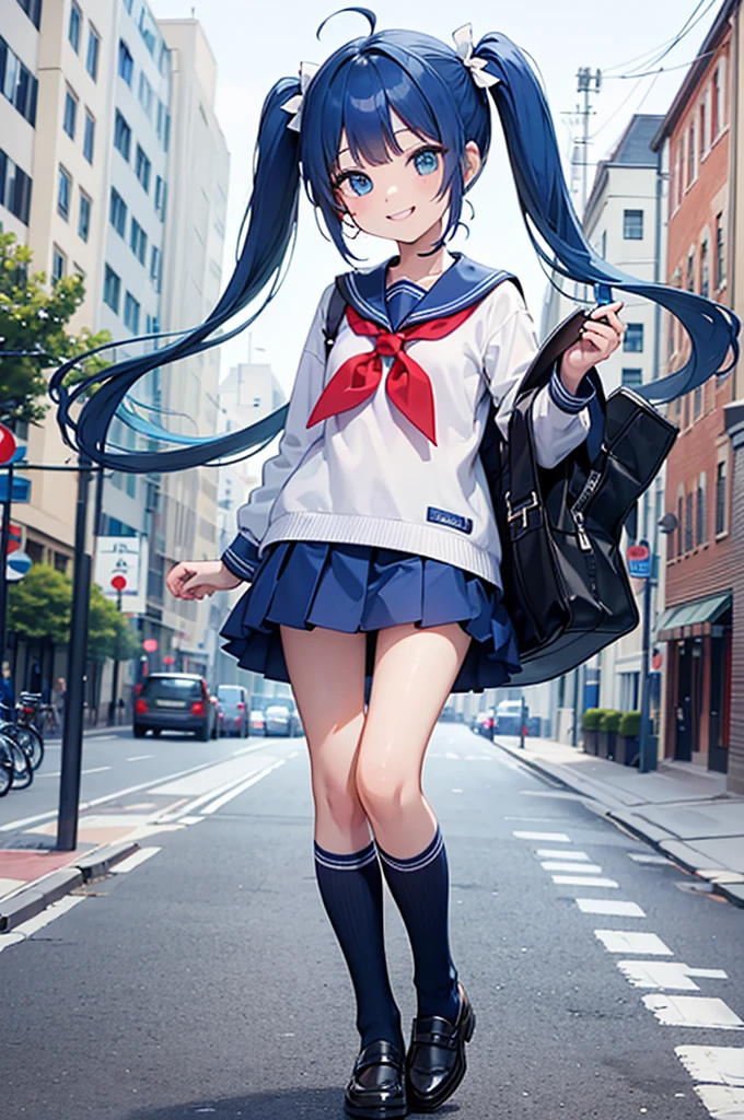 best quality, masterpiece, city, Music appreciation, earphone, looking at viewer, (twin tail, Blue hair, Cool smile, girl, blue eyes, Cute face), sailor uniform, Nissocks, whole body, splendor