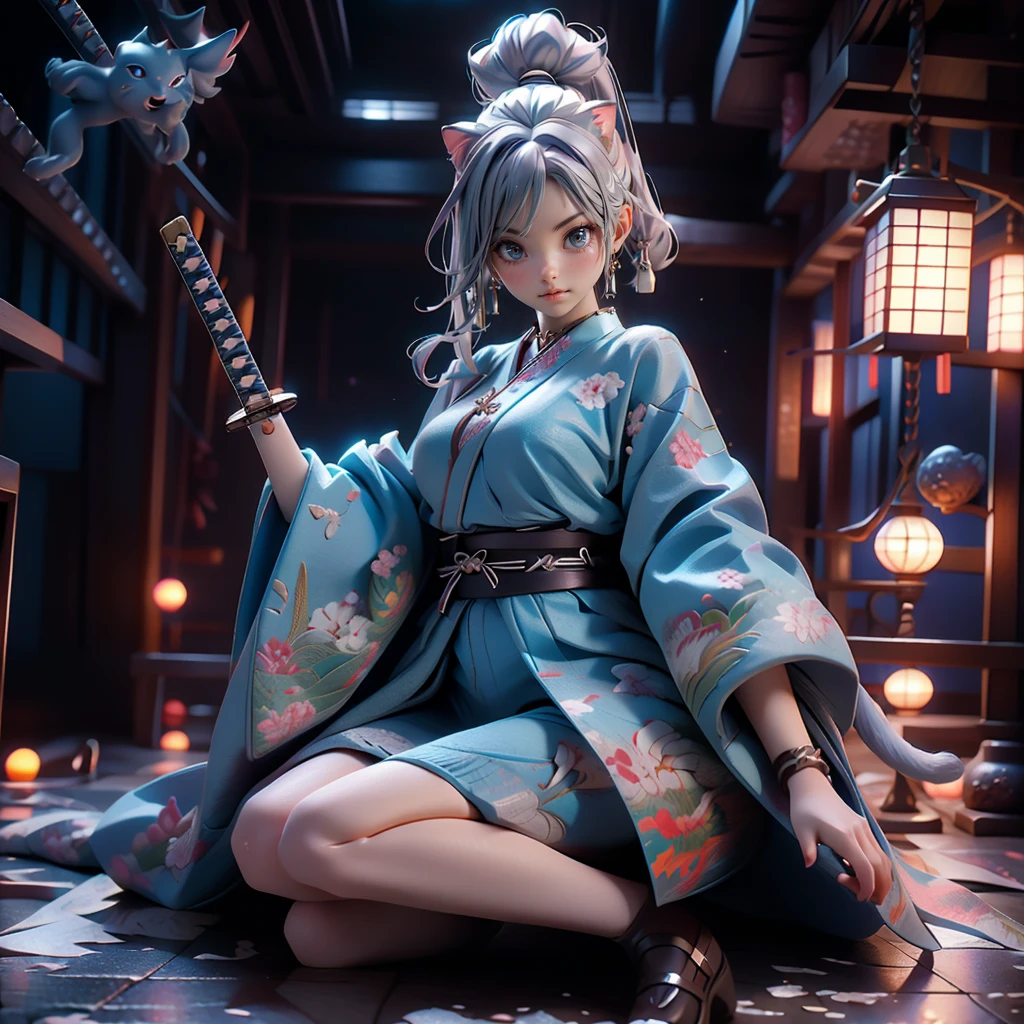 Samurai Girl、blue eyes、Moisturized Skin、Cat ear、Silver Hair、Long Hair、ponytail、Realistic body、Adult female body、3DCG、Japanese sword、Samurai Armor、I can see your chest、whole body、Raise your right knee、(masterpiece+Highest quality+High resolution+Very detailed)、