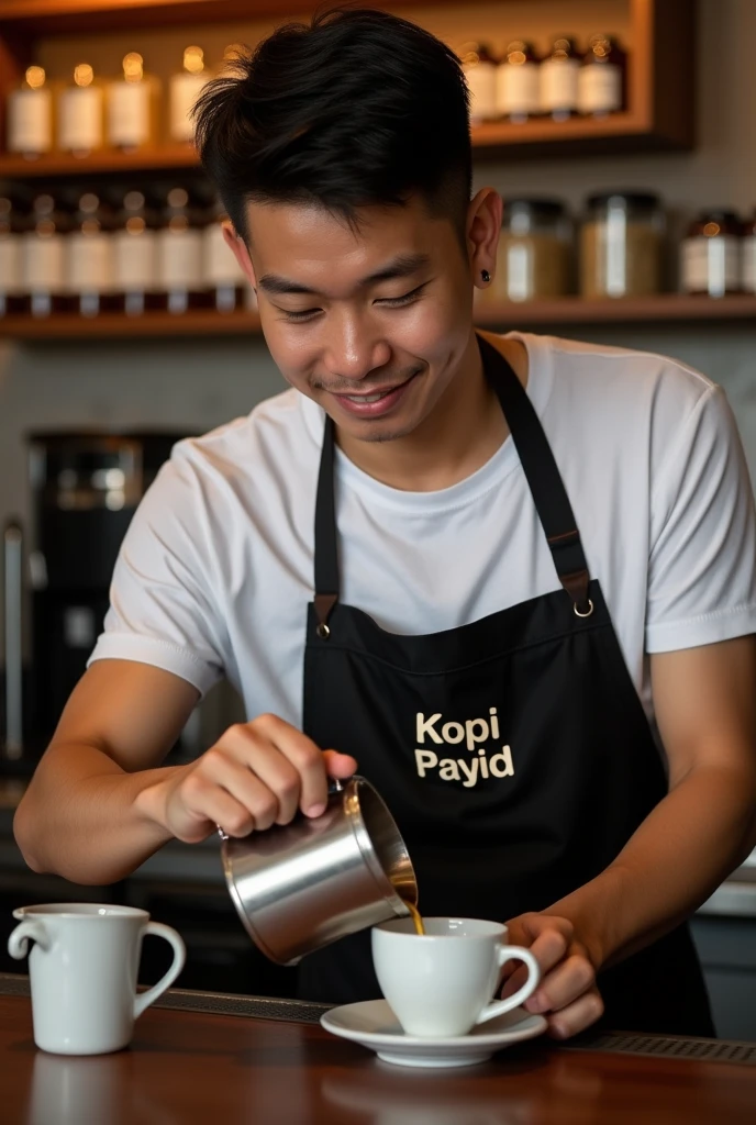 A Malaysia Man, 27 year, Make me a realistic and nice photo of a bartender making coffee with the apron with the name Kopi Payid on it