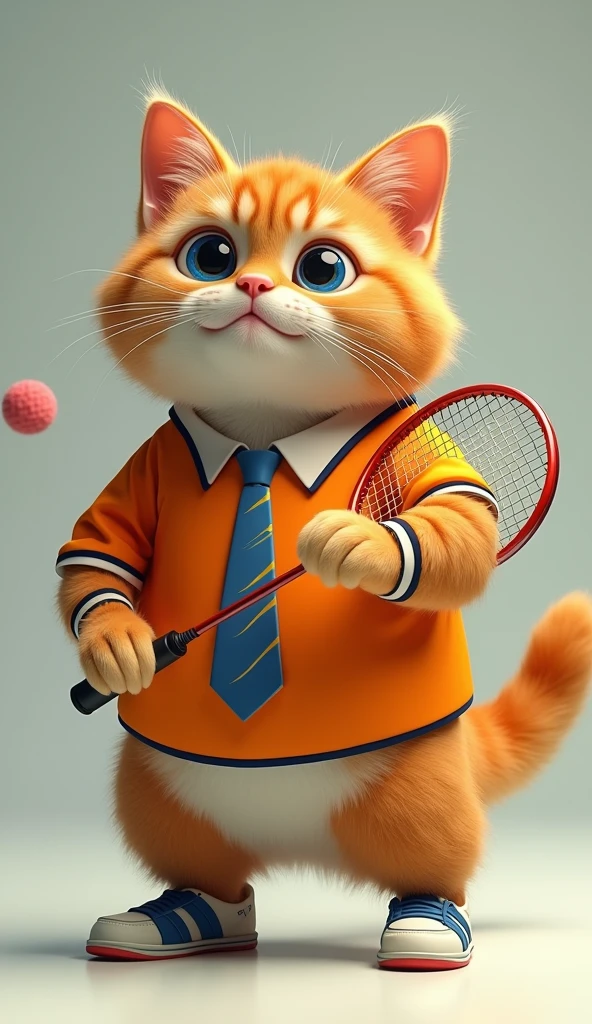Make a picture of a fat orange cat with blue eyes, flat nose, facing the camera, wear badminton shirt and tie, sport shoes, holding a badminton racket, wide, full body, 8k super realistic