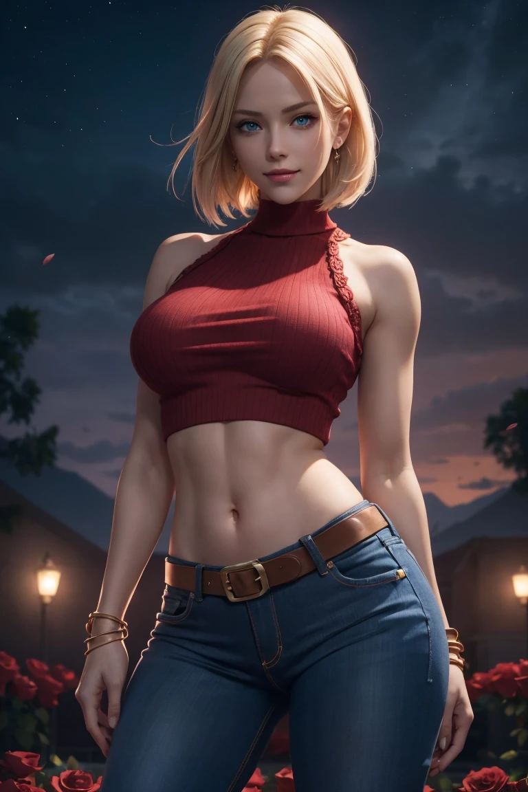 KOF,King of Fighters,Blue Mary,Blue Eyes,Blonde Hair,Medium Hair,Beautiful white skin,Photorealistic,Ultra HD,high quality,masterpiece,Digital SLR,Detailed details,Intricate details,Anatomical basis,Depicted in detail,A detailed face,Realistic skin texture,Vivid details,Perfect Anatomy,Perfect Anatomy,Anatomically correct hand,Anatomically correct fingers,Super Detail,Complex 3D rendering,Sexy pose,Red knitted tops,No sleeve,jeans,Fantasy worldview,Beautiful red sea,Beautiful Red Moon,Beautiful night sky,Petals of roses dance,Picturesque,Pink Lips,smile,