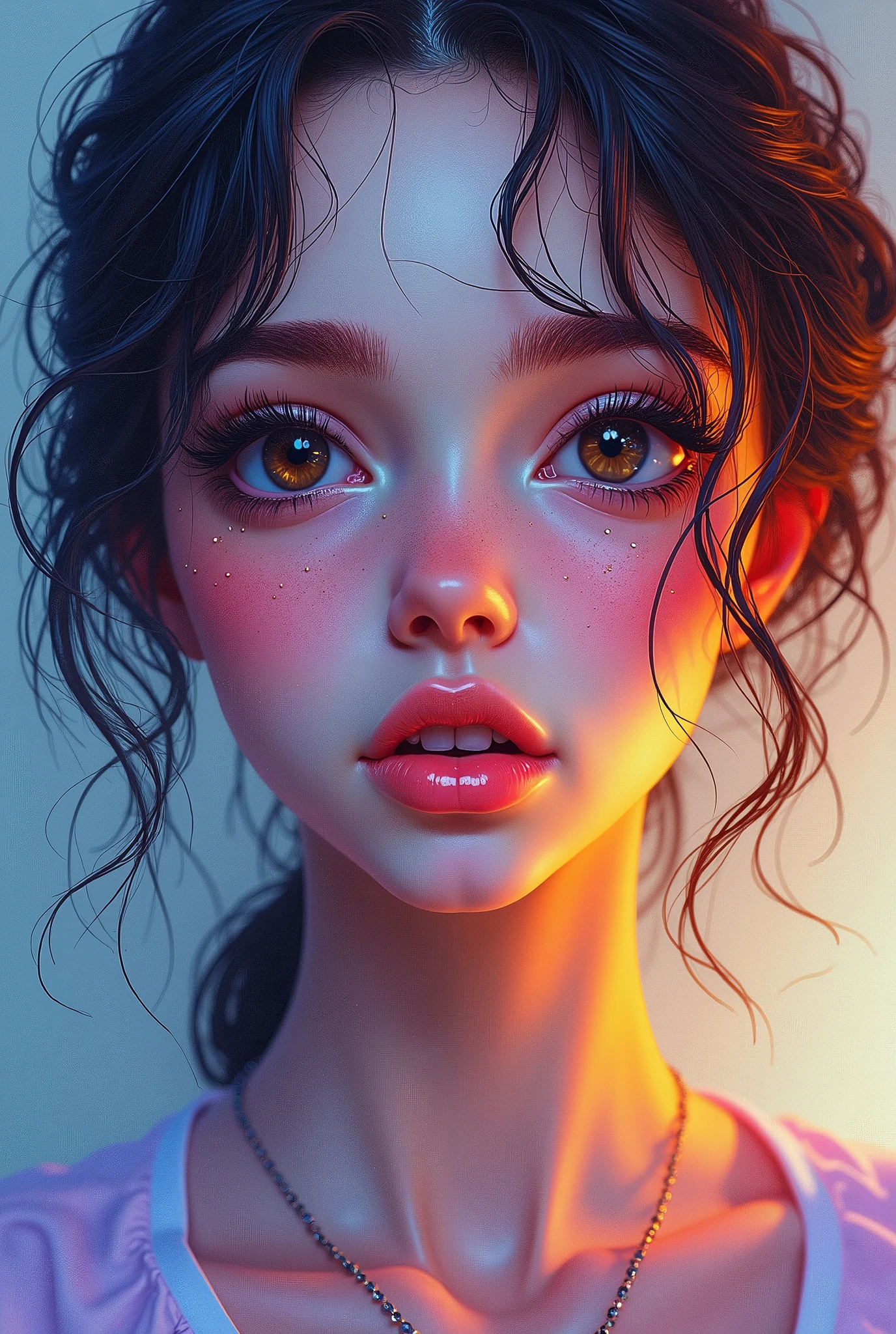 Colorful beautiful girl:2 girl,dirty hair,oil painted,perfect face,soft skin, perfect face,blue-yellow colors,Added light purple and violet colors.,added light red color,complex parts,screensaver,permission 8k,chedevr, cute face, ArtStation digital painting provides smooth and very black ink flow.:Photorealistic masterpiece in 8k resolution:complex detailed painting with liquid gouache:author: By Jean Baptiste Mongue:calligraphy:propylene:watercolor art,professional photo shoot,daylight,Minimalistic photographic illustration of volumetric lighting:author Мартон Бобзерт: ,difficult,elegance,Раскидистый,magical dream,Wavy hair,with dynamism