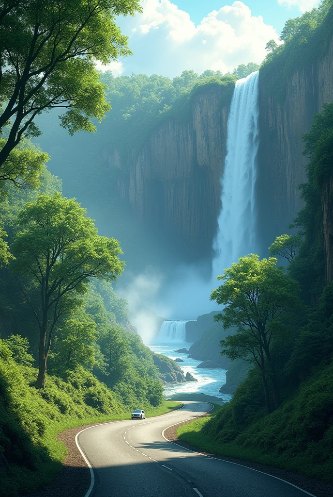 Nature photo with green trees with water fall and road with a car real life image