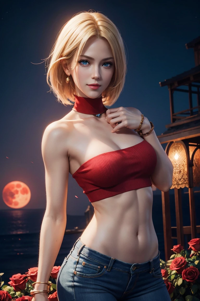 KOF,King of Fighters,Blue Mary,Blue Eyes,Blonde Hair,Medium Hair,Beautiful white skin,Photorealistic,Ultra HD,high quality,masterpiece,Digital SLR,Detailed details,Intricate details,Anatomical basis,Depicted in detail,A detailed face,Realistic skin texture,Vivid details,Perfect Anatomy,Perfect Anatomy,Anatomically correct hand,Anatomically correct fingers,Super Detail,Complex 3D rendering,Sexy pose,Red knitted tops,No sleeve,jeans,Fantasy worldview,Beautiful red sea,Beautiful Red Moon,Beautiful night sky,Petals of roses dance,Picturesque,Pink Lips,smile,
