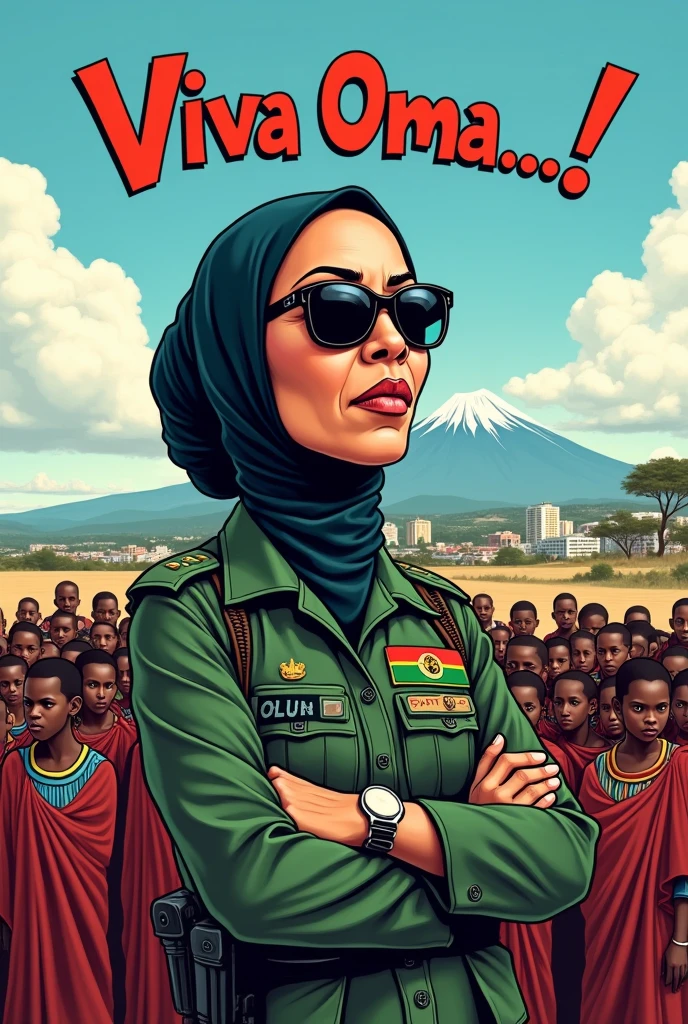A 4k illustration of a caricature of Samia Suluhu, the president of Tanzania, wearing a hijab sun glasses. and military combat with Oman label She has a stern. The text "Viva Oma..!" is written above her head in large, bold letters. The background is a mixture of Arusha City and Mount Kilimanjaro. with mass of Masai children