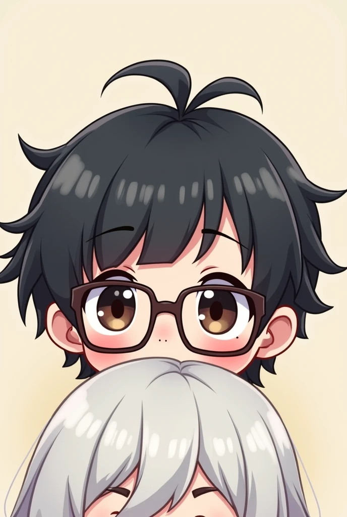 Look, I would like you to do it, a chibi-style character with dark brown eyes, and black hair with bangs and glasses and white with long hair just the character's face