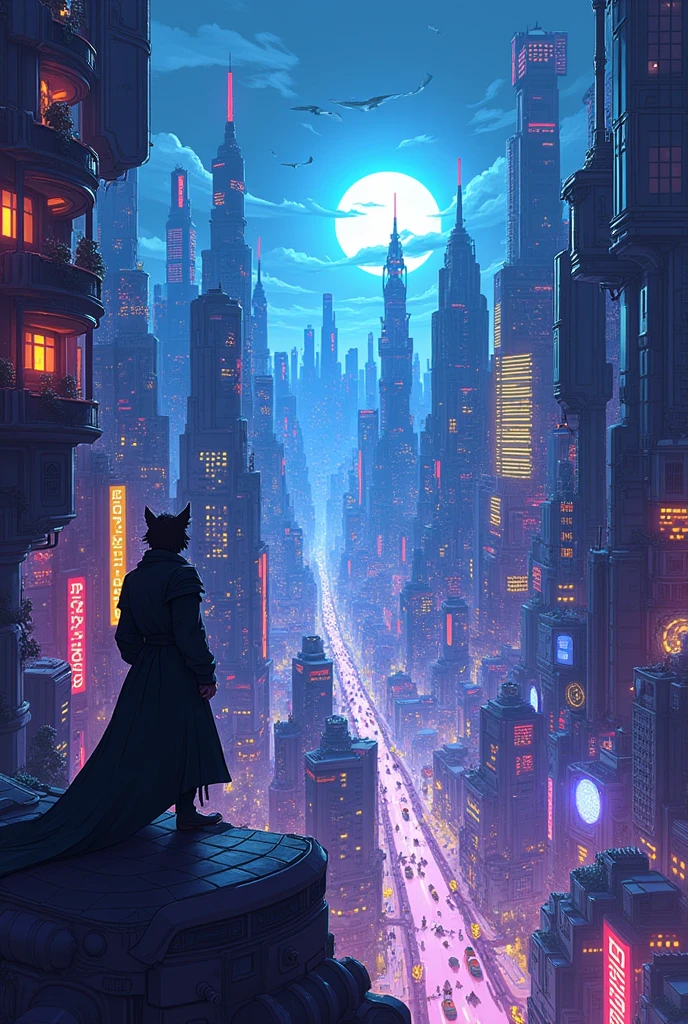 Panoramic view of Electropolis. A mysterious character, ElectroMal, lurks in the shadows, smiling mischievously while looking at the city for cartoon and drawing