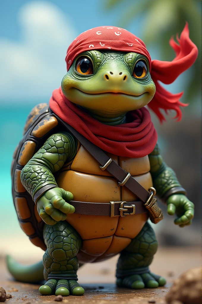 Tortu mignonne et pirate, debout avec un bandeau rouge sur la tête 