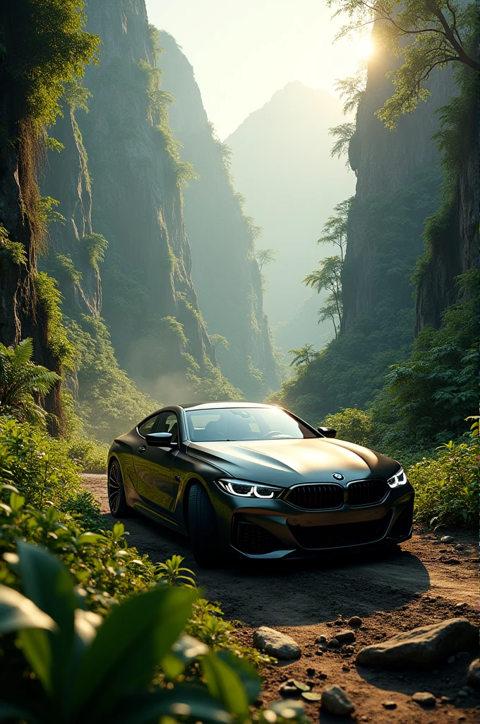 Bmw car in jungle covered with mountains