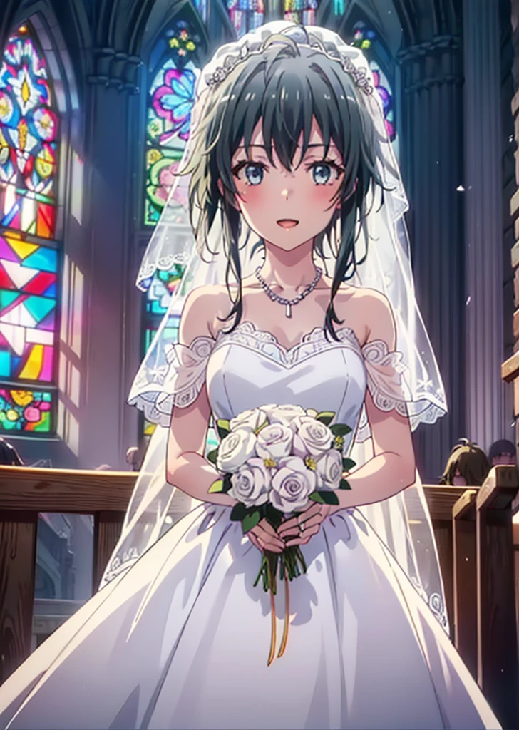 Yukino, yukino yukinoshita, Black Hair, blue eyes, semi-long,Ahoge,smile,blush,Open your mouth,Off-the-shoulder white wedding dress,necklace,Exposing shoulders,bare clavicle,Bare neck,wedding long skirt,Veil,bouquet,Holding a bouquet in both hands,Stained glass,whole bodyがイラストに入る,　　　　　　　　　　　break indoors, Chapel,Association,
break looking at viewer, whole body,(Cowboy Shot:1.5),
break (masterpiece:1.2), Highest quality, High resolution, unity 8k wallpaper, (shape:0.8), (Beautiful attention to detail:1.6), Highly detailed face, Perfect lighting, Extremely detailed CG, (Perfect hands, Perfect Anatomy),