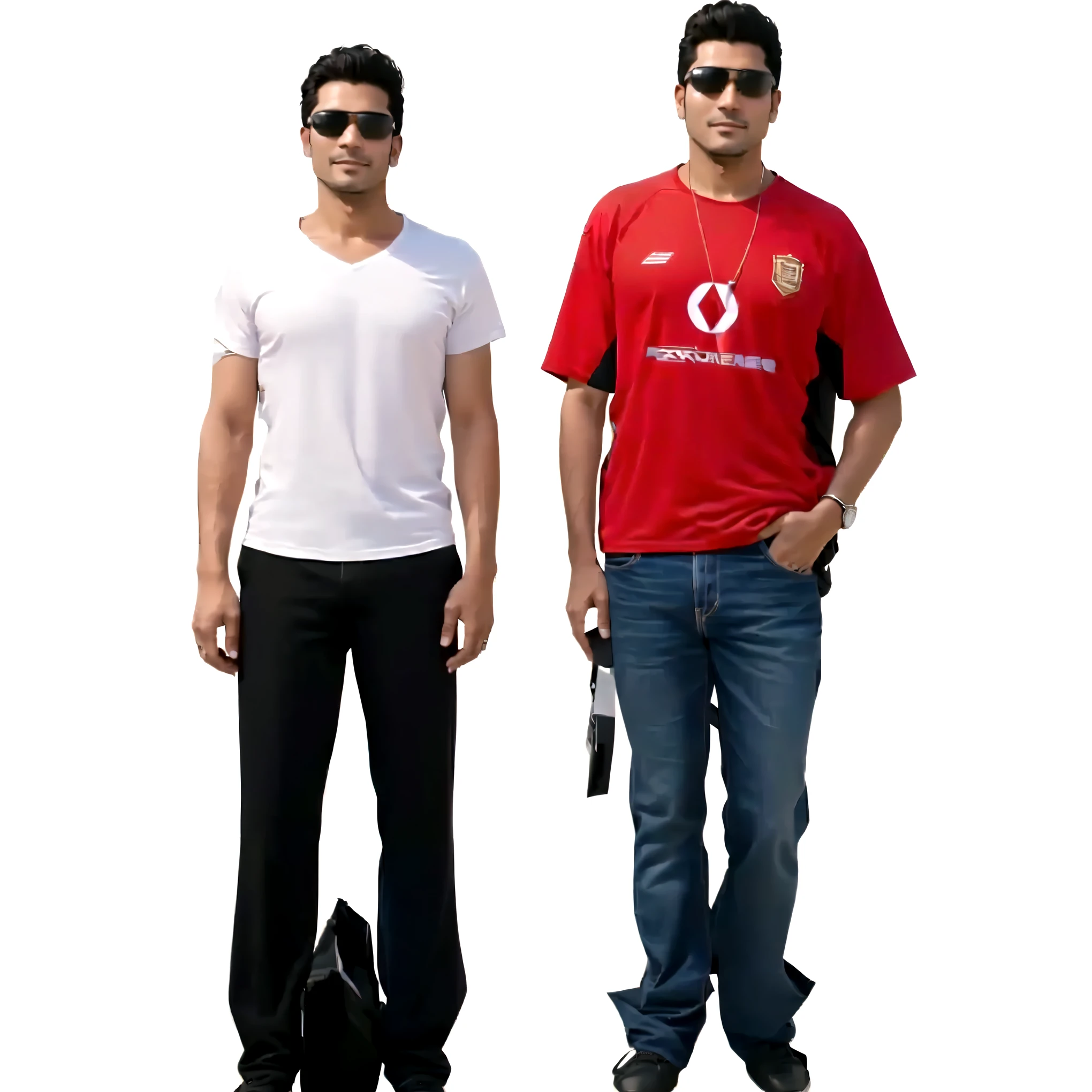 two Latino men in their 40s standing next to each other wearing sunglasses and a red shirt,, photorealistic full body, realistic portrait full body, tall and not so slim figured, full body picture, full body pictures, full body realistic portrait, fullbody or portrait, full body photgraph, full body and head, full body and face, realistic person, full body photograph, satisfied faces, very divverent faces,