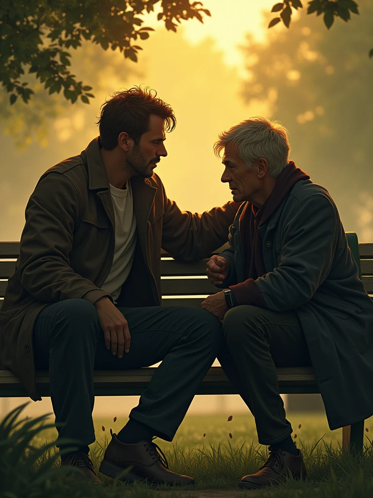 Marc, maintenant encore plus mal en point, est assis sur un banc dans un parc, avec un vieil ami à côté de lui. L'ami pose une main réconfortante sur son épaule, et ils se regardent avec compréhension et espoir. L'atmosphère est celle d'une fin de journée, avec une lumière dorée qui symbolise un début de renouveau.
