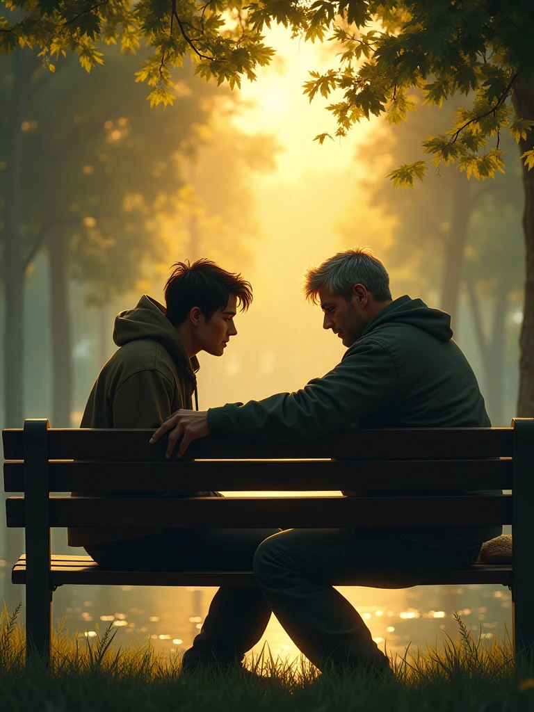 Marc, maintenant encore plus mal en point, est assis sur un banc dans un parc, avec un vieil ami à côté de lui. L'ami pose une main réconfortante sur son épaule, et ils se regardent avec compréhension et espoir. L'atmosphère est celle d'une fin de journée, avec une lumière dorée qui symbolise un début de renouveau.
