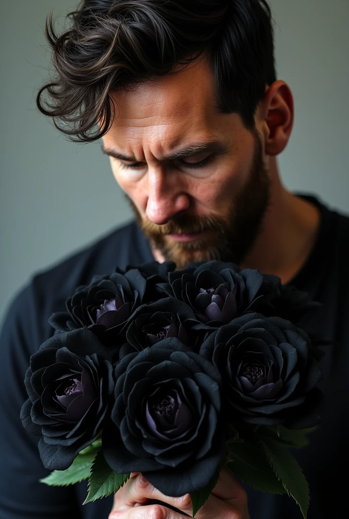 Messi with some black flowers in his hand.