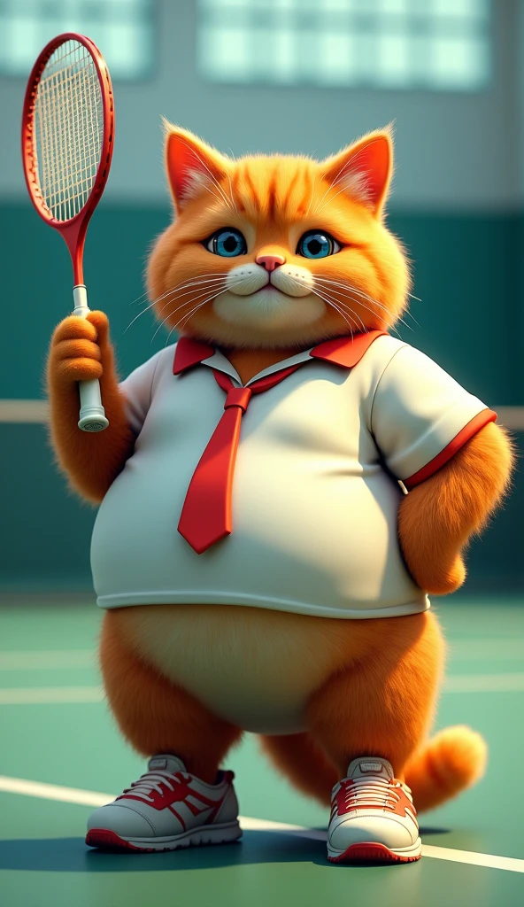 Make a picture of a fat orange cat with blue eyes, flat nose, facing the camera, wear badminton shirt and tie, sport shoes, holding a badminton racket, badminton court background, wide, full body, 8k super realistic