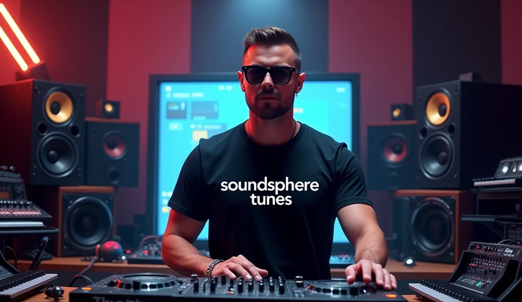 A man in a DJ music studio wearing sunglasses and a black T-shirt that says SoundSphereTunes, looks straight ahead